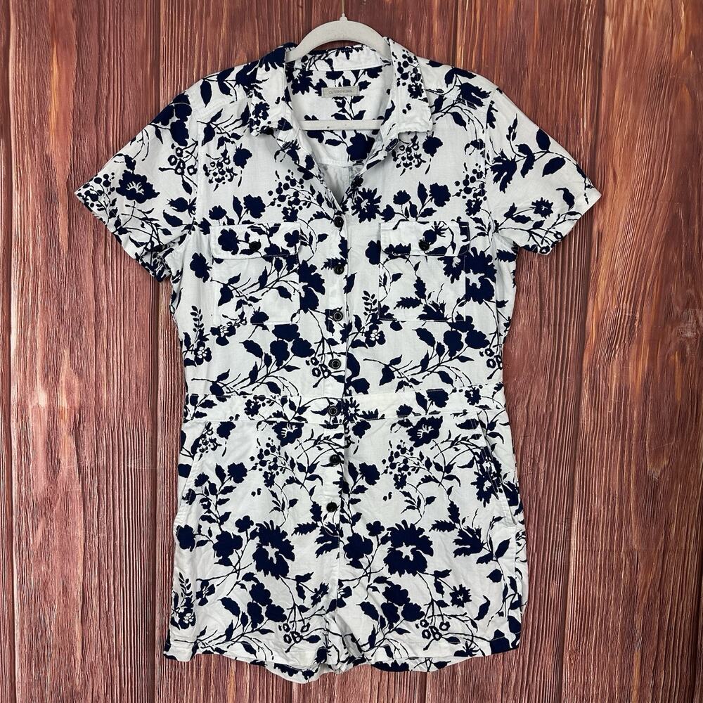 Outerknown Romper Womens Large Blue Floral Organic Cotton Linen Blend Button Up - Picture 2 of 7